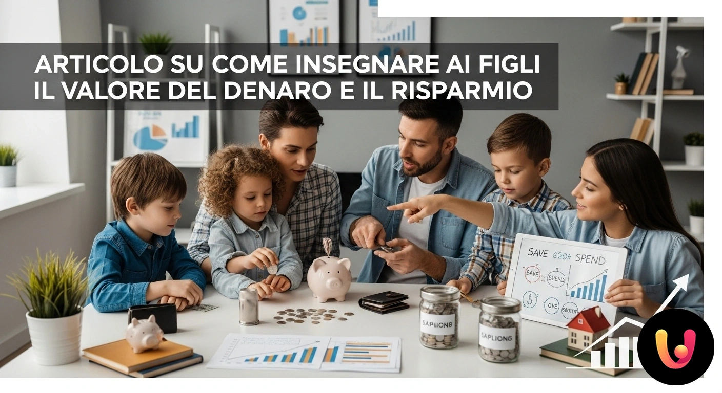 Educazione finanziaria per bambini: come insegnare il valore del risparmio. Bambino che inserisce una moneta in un salvadanaio a porcellino tenuto dalle mani di un adulto, rappresentando l'educazione a