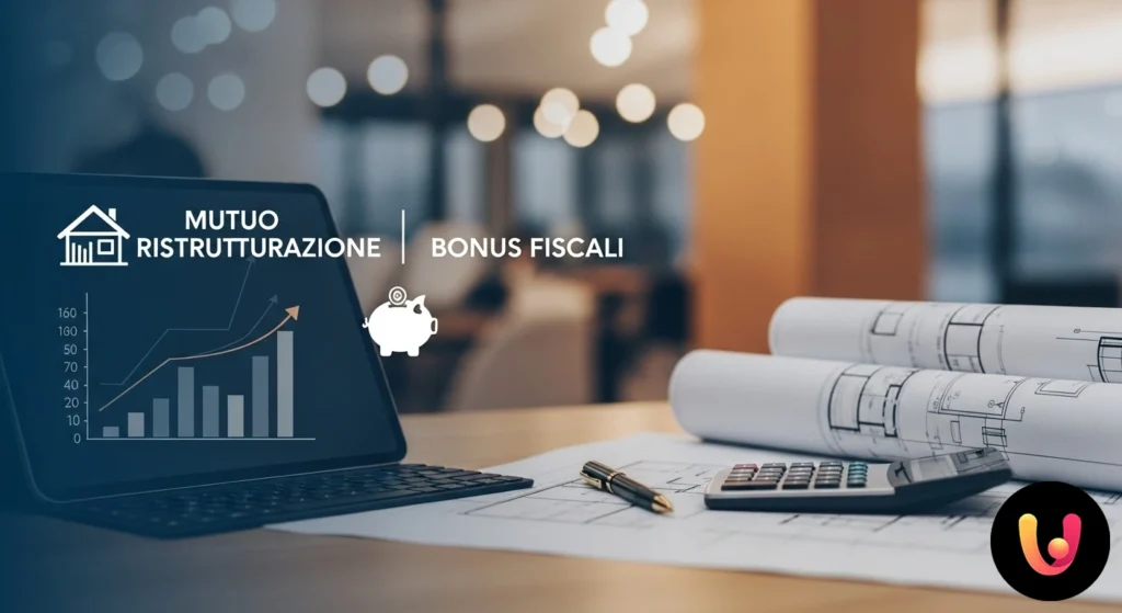 Progetto di ristrutturazione casa affiancato a moduli per bonus fiscali e a una calcolatrice su un tavolo.