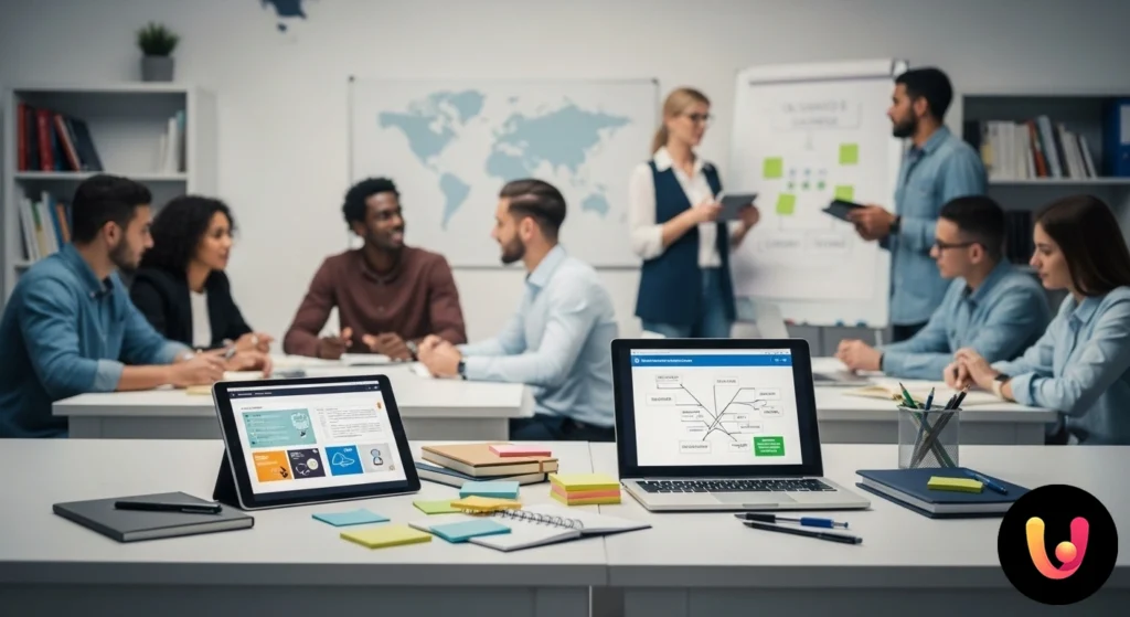 UDA Scienze Umane: Guida a Metodi e Strumenti Didattici 2025 Docente che facilita un gruppo di studenti durante un'attività di apprendimento collaborativo tramite mappe concettuali e pos