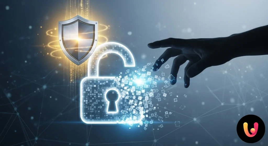 Truffe online: come riconoscerle e difendere i tuoi risparmi Persona che utilizza uno scudo per proteggersi da icone di pericolo provenienti da uno schermo, a simboleggiare la difesa dal