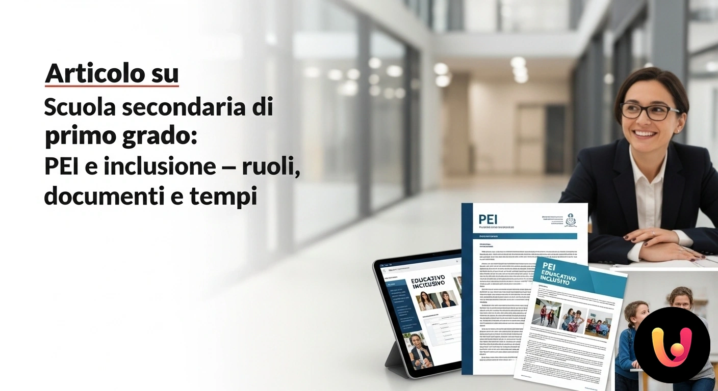 PEI e Inclusione nella Scuola Secondaria: Guida a ruoli e documenti Docente e studente della scuola secondaria di primo grado collaborano alla stesura di un documento su un banco di scuola.