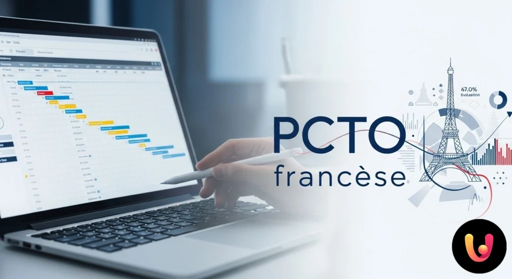 PCTO Francese: Guida a progetti e competenze Studentessa indica una lavagna interattiva con icone di competenze trasversali durante una presentazione di un progetto pcto