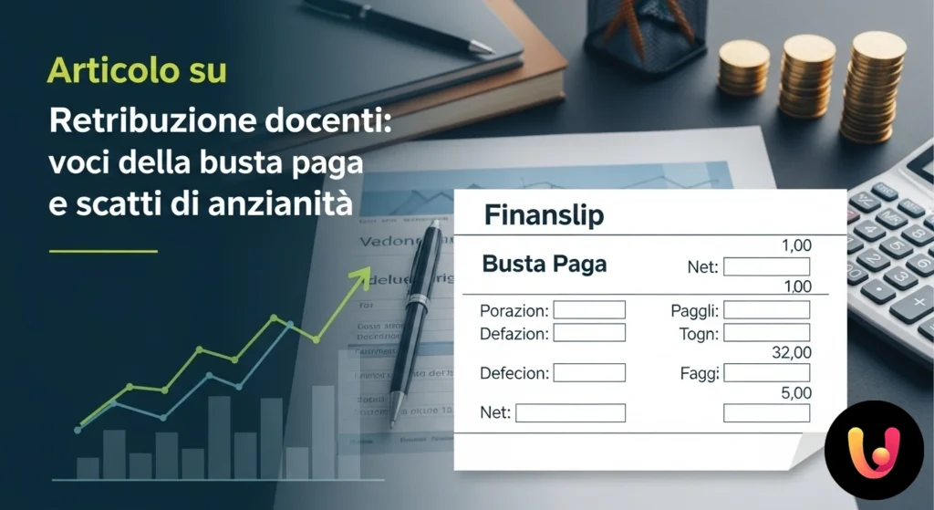 Primo piano di una busta paga con lente d'ingrandimento che mette a fuoco le voci relative allo stipendio di un docente.