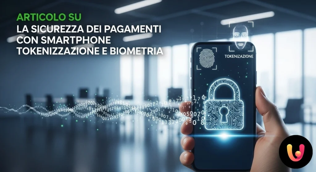 Hand bringing a smartphone close to a POS terminal for a contactless payment, with a fingerprint icon on the screen