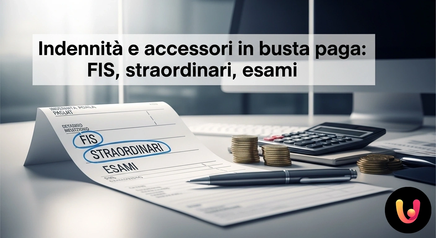 Indennità e accessori in busta paga: Guida completa a FIS e straordinari Primo piano di una busta paga italiana affiancata da una calcolatrice, con focus sulle voci relative a indennità e lavoro str