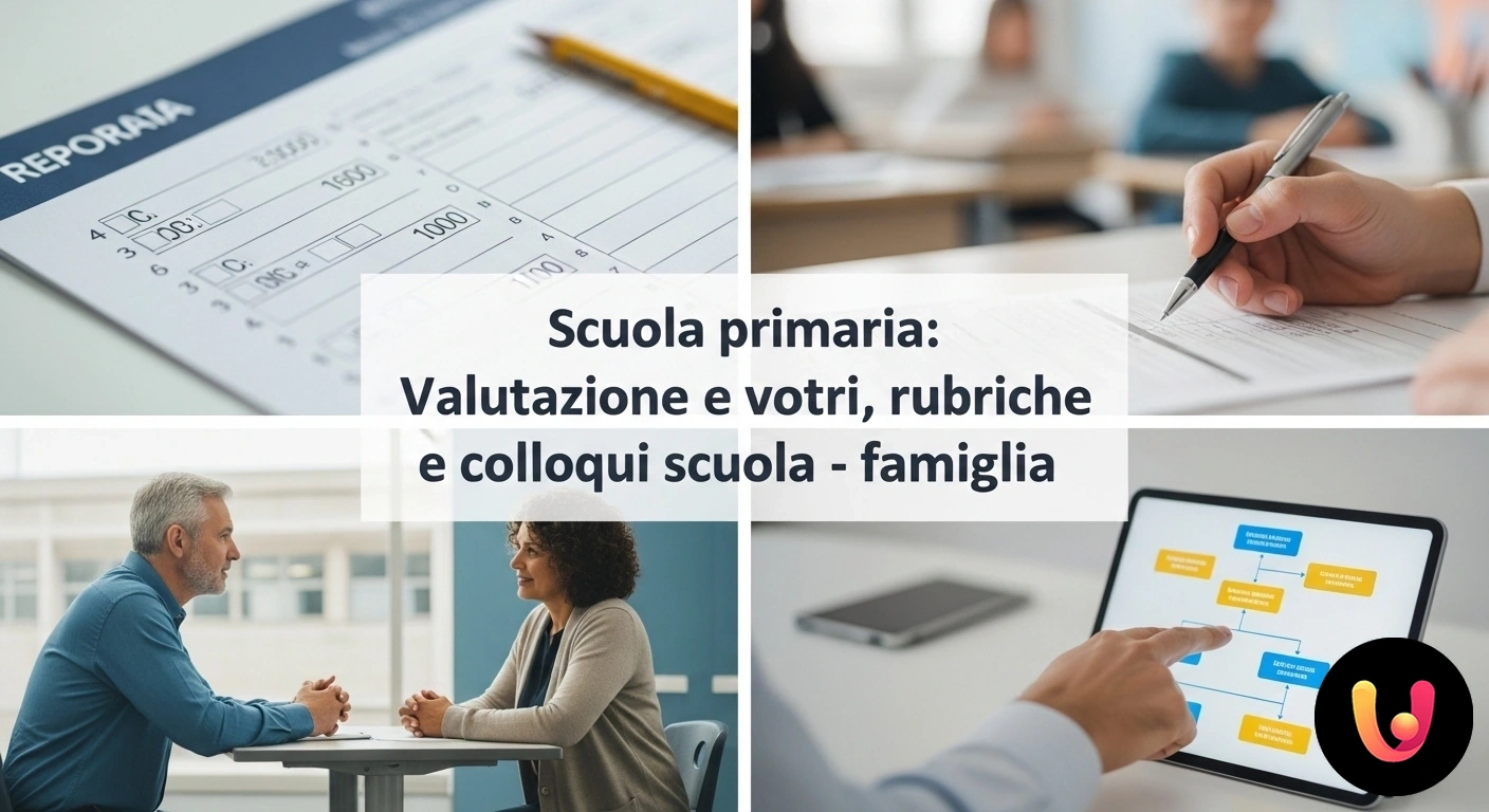 Valutazione scuola primaria: il colloquio tra docenti e famiglia Insegnante e genitori dialogano costruttivamente analizzando il documento di valutazione di un alunno in un'aula di scuola pr