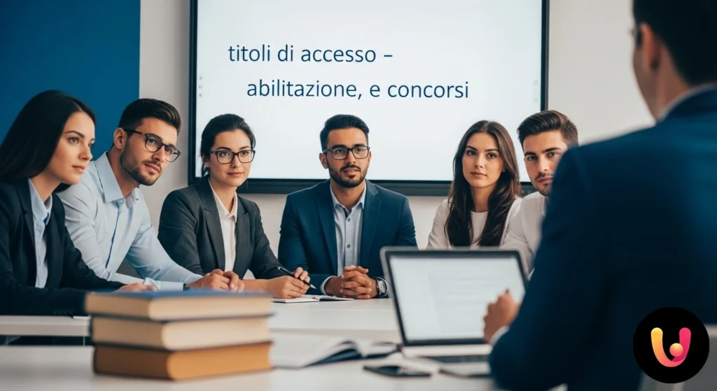 Diventare Docente 2025: Guida a requisiti, abilitazione e concorsi Docente di fronte a una classe di studenti in un'aula di scuola secondaria, mentre indica concetti scritti su una lavagna.
