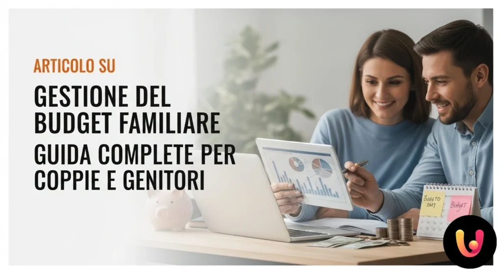 Coppia che analizza documenti finanziari e un laptop per pianificare il budget di famiglia.