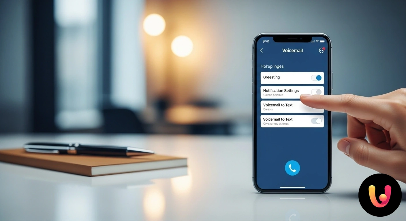Guida alla configurazione della segreteria telefonica Mano che seleziona le opzioni per personalizzare il messaggio di segreteria telefonica sullo schermo di uno smartphone.