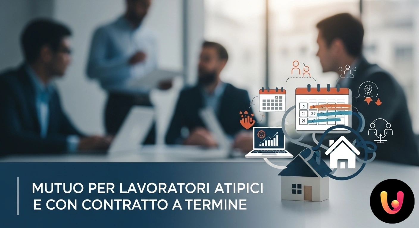 Mutuo per Lavoratori Atipici: Requisiti e Soluzioni Consulente finanziario illustra le clausole di un contratto di mutuo a una coppia di lavoratori con documenti e una calcolatr