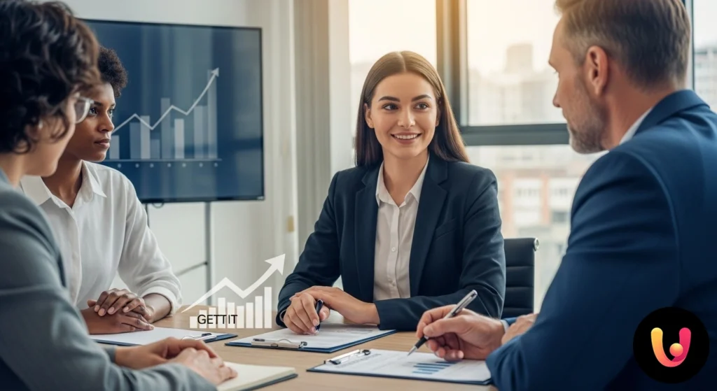 Professionista illustra i propri risultati lavorativi a un responsabile durante un incontro formale in ufficio.