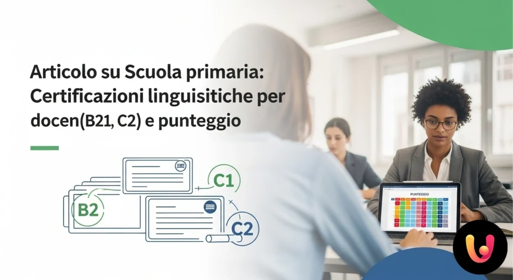 Insegnante di scuola primaria mostra un certificato di lingua straniera con i livelli di competenza b2, c1 e c2 in evidenza.