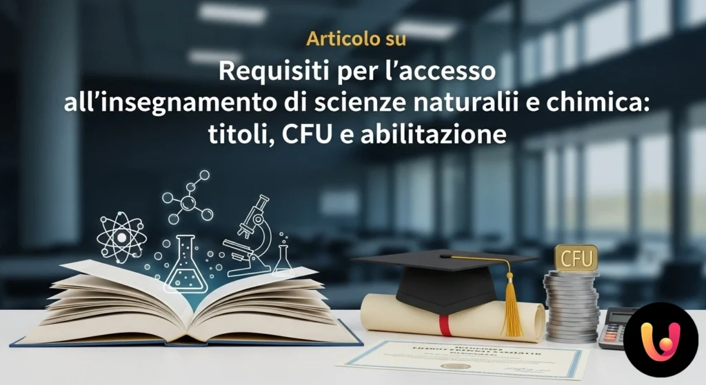 Persona in un ambiente accademico che consulta documenti ufficiali e libri di testo di chimica e biologia.