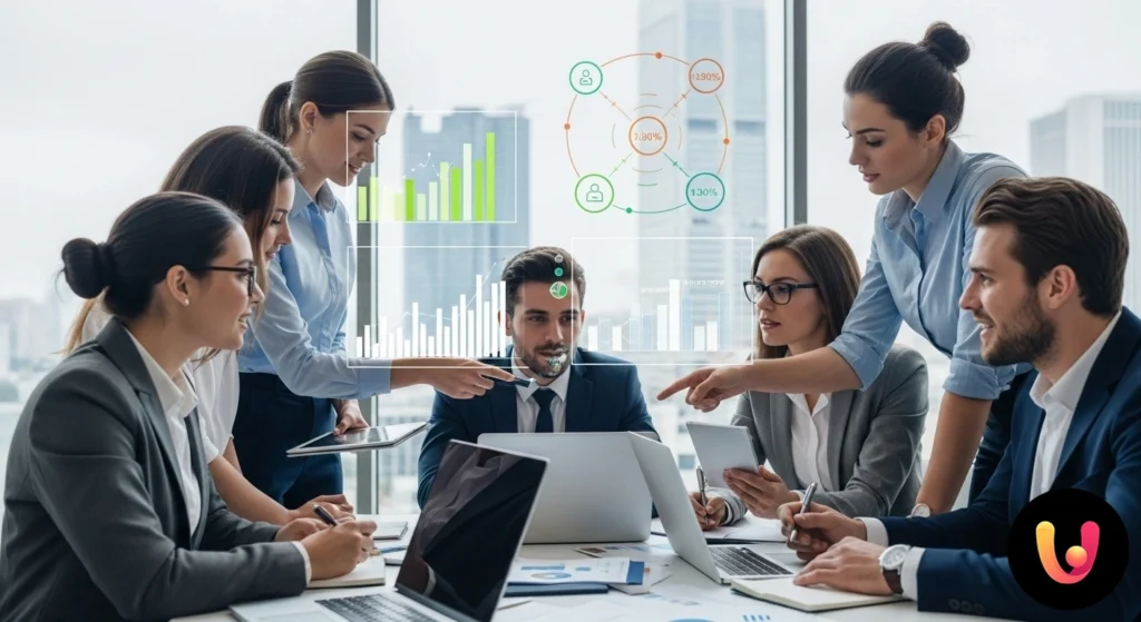 Studenti e un professionista analizzano grafici su un tablet in un contesto lavorativo per un progetto di economia aziendale.