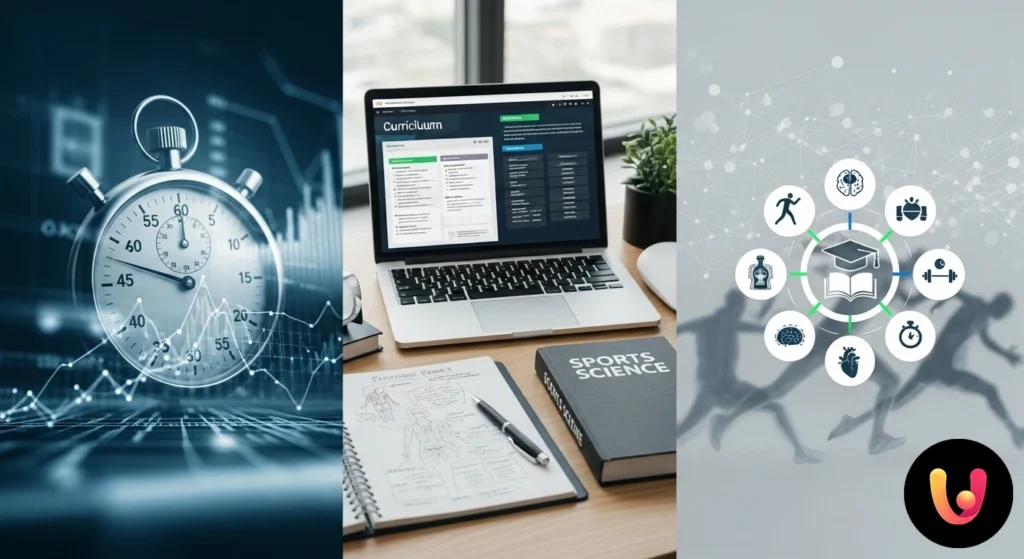 Candidato al concorso di scienze motorie studia su testi di anatomia umana con un cronometro e appunti sulla scrivania.