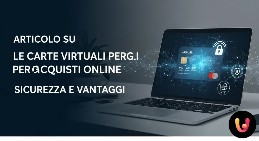 Mano che digita su una tastiera di un laptop, con una rappresentazione grafica di una carta di credito virtuale e un lucchett