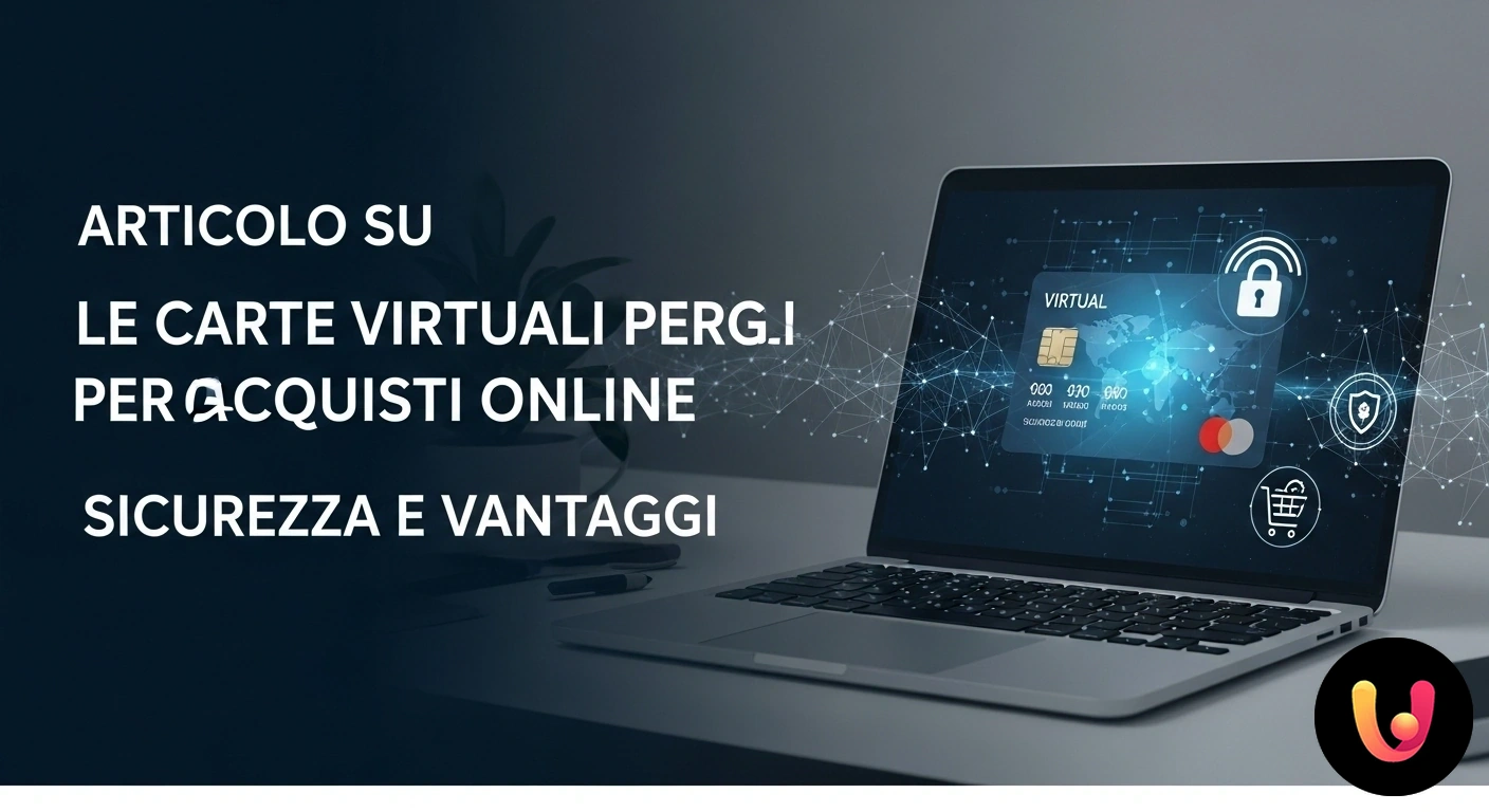 Carte Virtuali per Acquisti Online: Sicurezza e Vantaggi Mano che digita su una tastiera di un laptop, con una rappresentazione grafica di una carta di credito virtuale e un lucchett