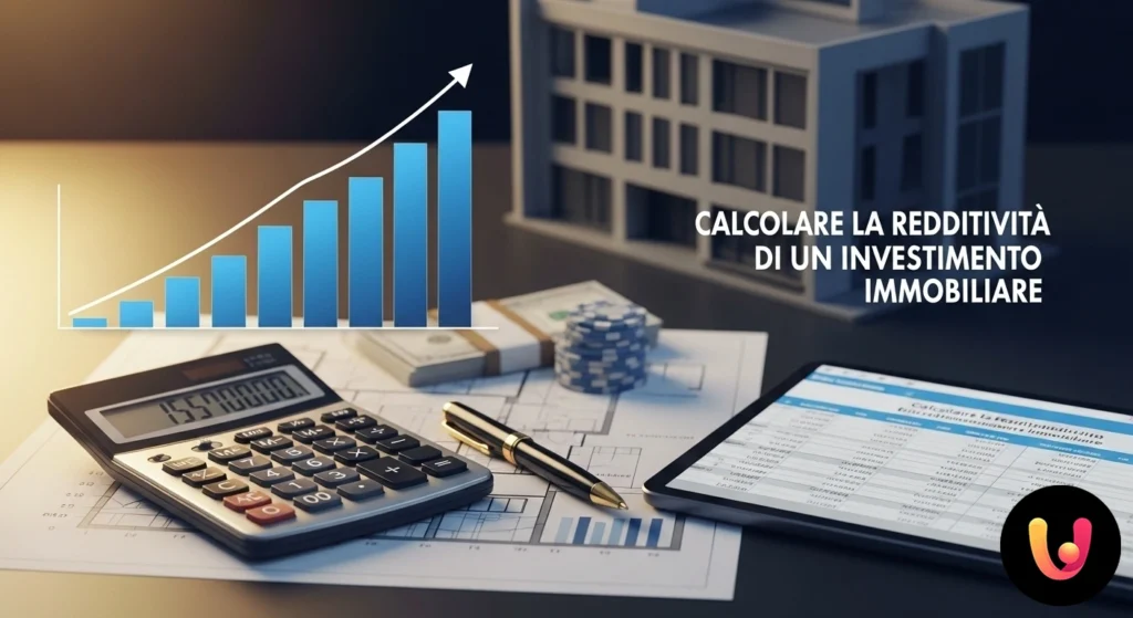 Randamentul imobiliar: ghid pentru calculul net și brut Reprezentare grafică a analizei unei investiții imobiliare cu calculator, documente și evoluția profiturilor.