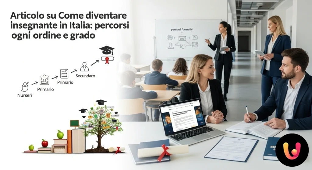 Diventare insegnante in Italia: guida completa ai percorsi Insegnante di fronte a una lavagna con schemi didattici illustra un concetto a una classe di studenti di varie età.
