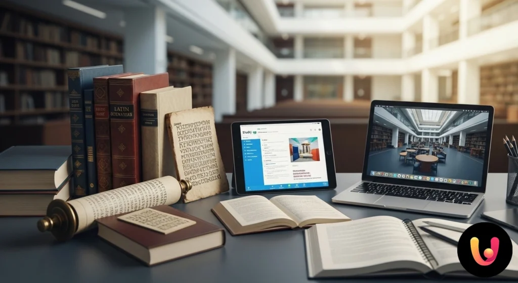 Pila di libri classici di autori latini e greci su una scrivania, accanto a un foglio di concorso e una penna stilografica.