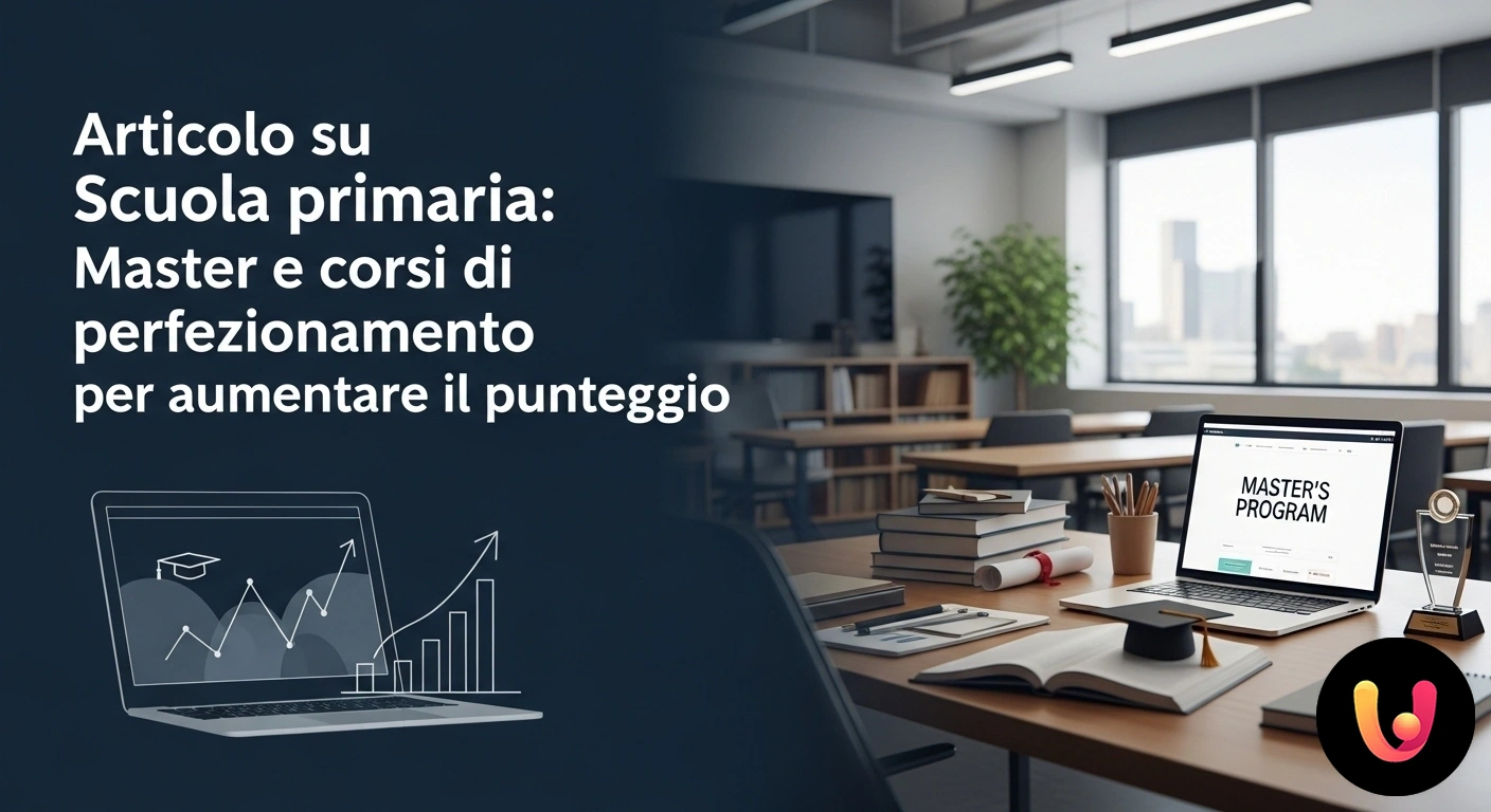Master e corsi per aumentare il punteggio nella scuola primaria. Docente sorridente in un'aula di scuola primaria che mostra un attestato di completamento di un corso di formazione.