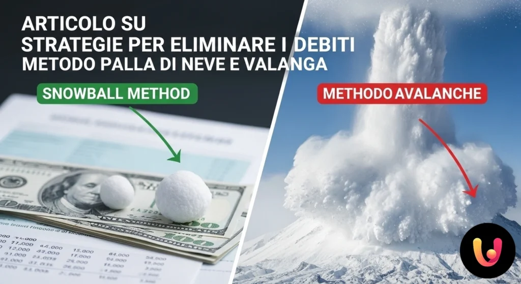 Diagramma che illustra due strategie di estinzione del debito: il metodo palla di neve e il metodo valanga, rappresentati da