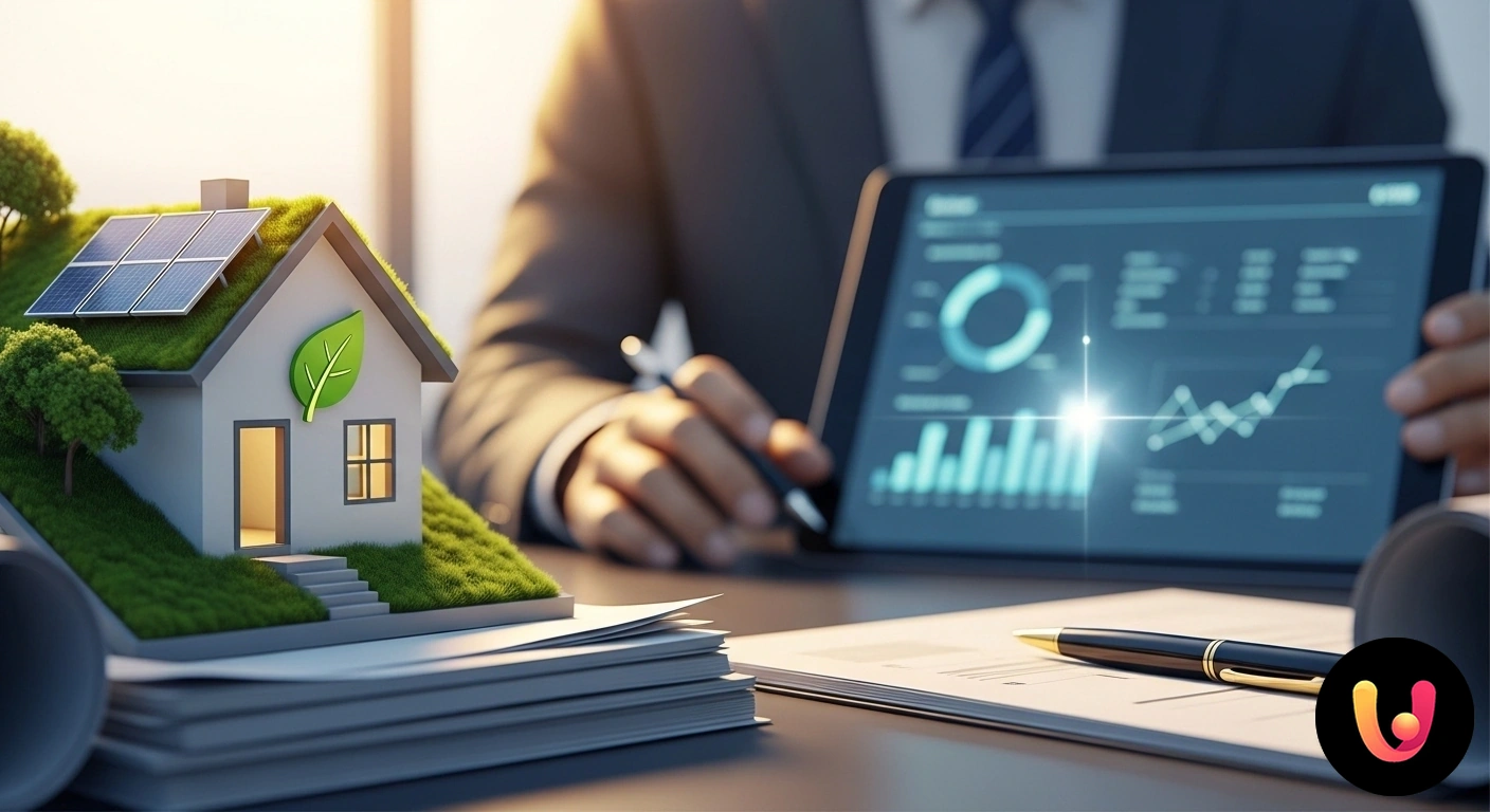 Mutuo Green: Aumenta l'Efficienza Energetica e il Valore della tua Casa. Modello di casa unifamiliare con pannelli solari, circondata da icone di efficienza energetica e risparmio economico.