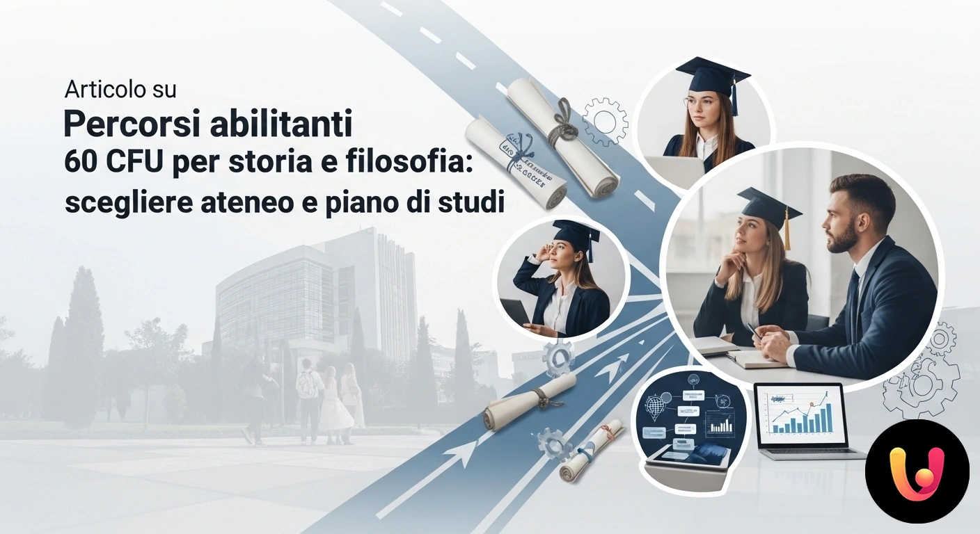 Percorsi 60 CFU Storia e Filosofia: guida alla scelta dell'ateneo e del piano di studi. Busto di un filosofo e una pergamena storica posti davanti alla facciata di un ateneo, a simboleggiare la scelta universitari