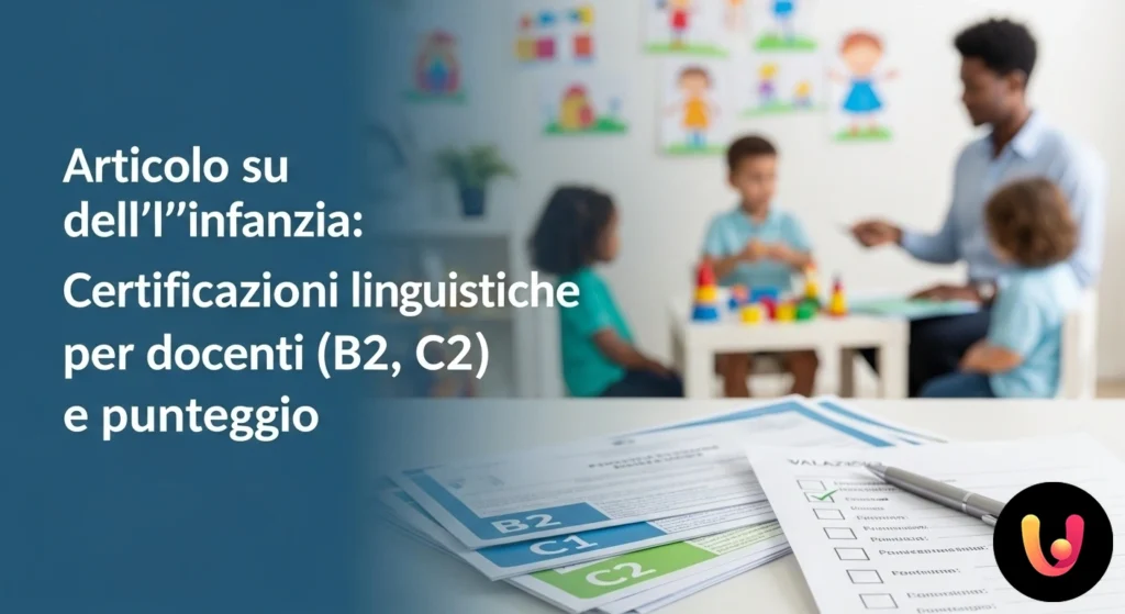 Punteggio docenti infanzia: guida alle certificazioni Insegnante di scuola dell'infanzia indica una lavagna con saluti in diverse lingue a un gruppo di bambini in un'aula colorata