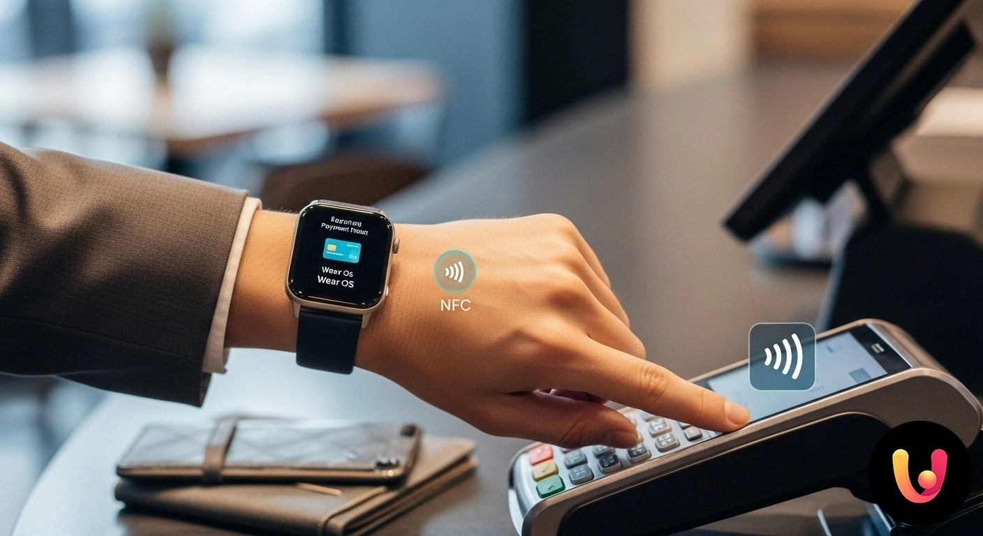 Pagare con lo smartwatch: la tua guida ai pagamenti contactless con Wear OS e watchOS. Primo piano di un pagamento contactless effettuato avvicinando uno smartwatch a un terminale di pagamento.