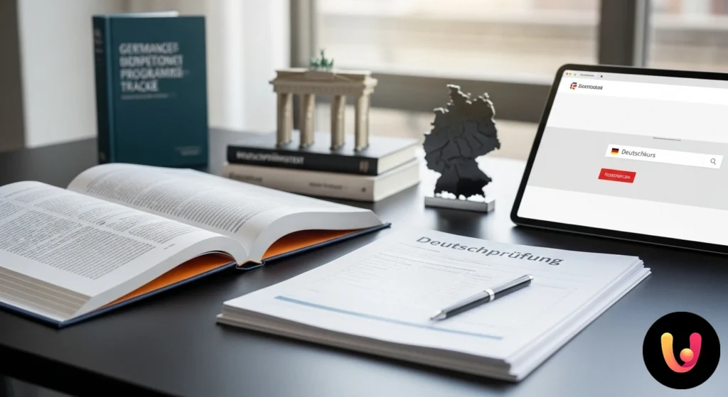 Scrivania con dizionario di tedesco aperto, penna e un foglio d'esame, per rappresentare la preparazione al concorso.