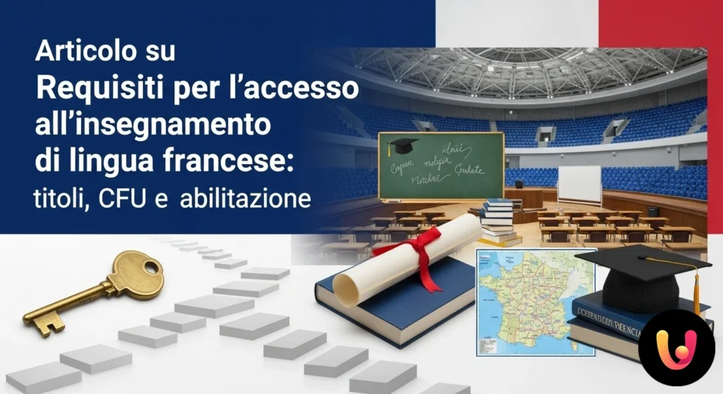 Scrivania con libri di testo, una bandiera francese e documenti relativi ai requisiti del sistema scolastico italiano.