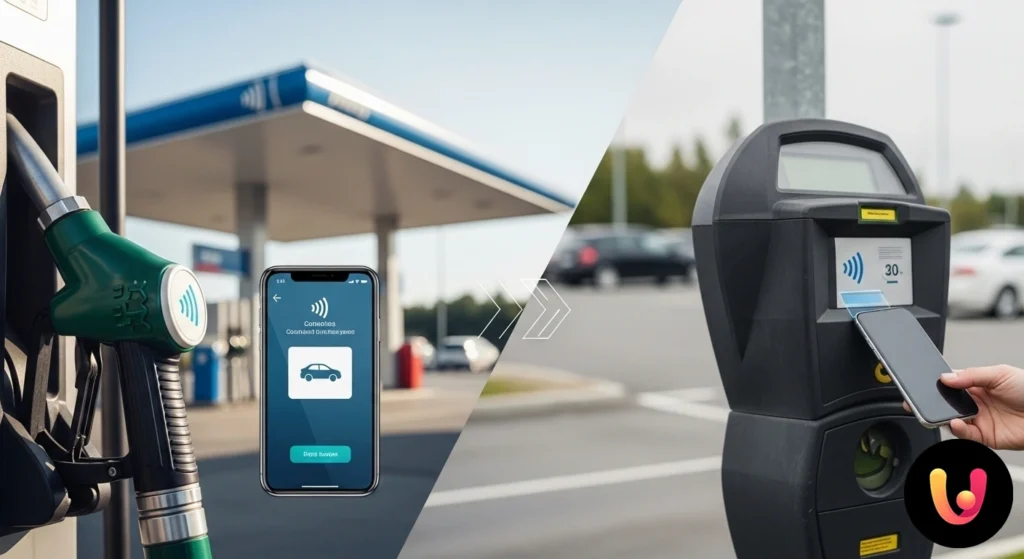 Parcheggio e benzina contactless: la guida definitiva 2025 Mano che avvicina una carta di credito a un terminale pos per un pagamento contactless presso un distributore di carburante.