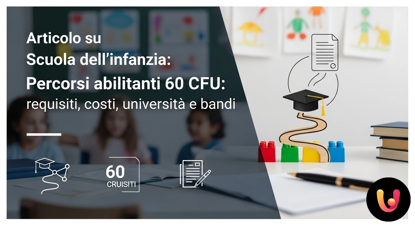 Percorsi abilitanti 60 CFU per la Scuola dell'Infanzia: la guida completa. Insegnante in un'aula di scuola dell'infanzia indica a un gruppo di bambini una lavagna con lo schema dei percorsi 60 cfu.