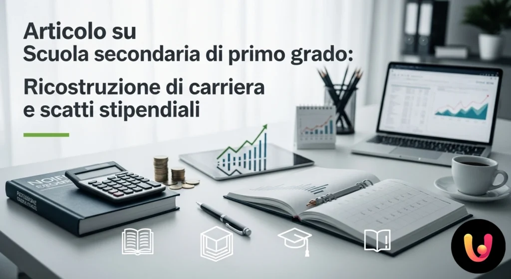 Documenti relativi a calcoli finanziari e progressione di carriera affiancati da una calcolatrice e una penna su una scrivani