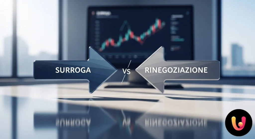 Persoană indecisă în fața unei răscruci cu două indicatoare rutiere care arată opțiunile 'subrogare' și 'renegociere'.
