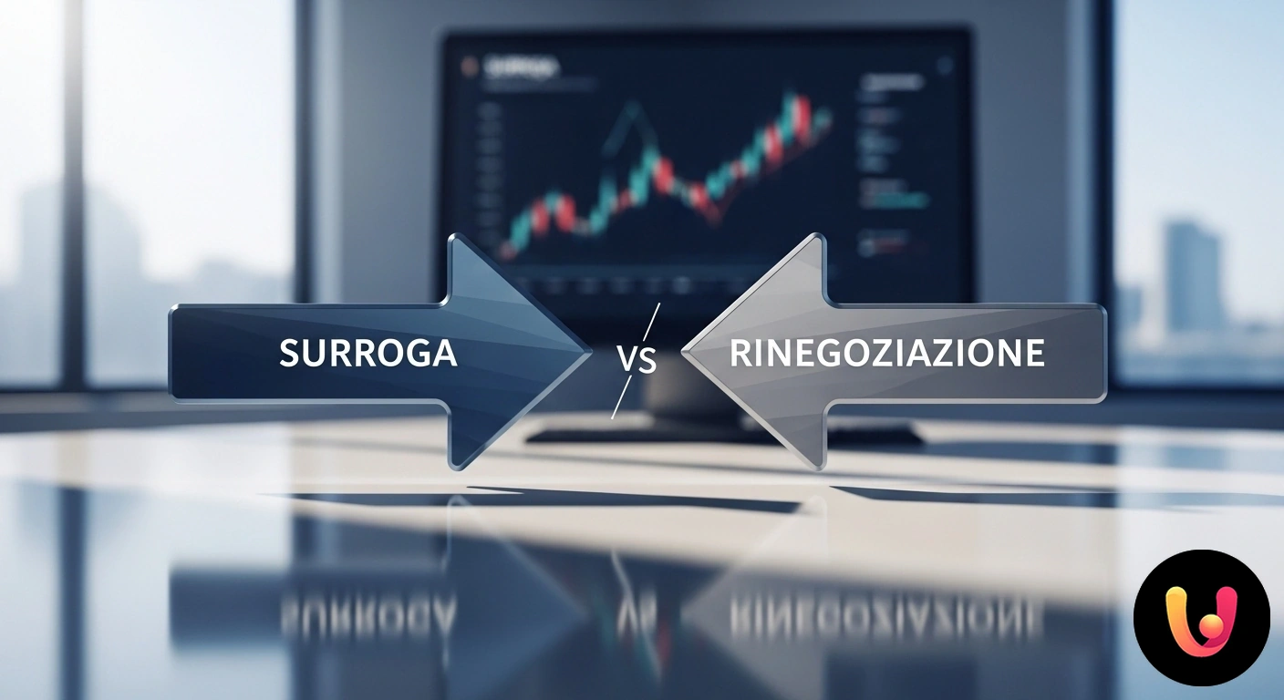 Surroga o Rinegoziazione del Mutuo? Guida alla scelta più vantaggiosa. Persona indecisa di fronte a un bivio con due cartelli stradali che indicano le opzioni 'surroga' e 'rinegoziazione'.
