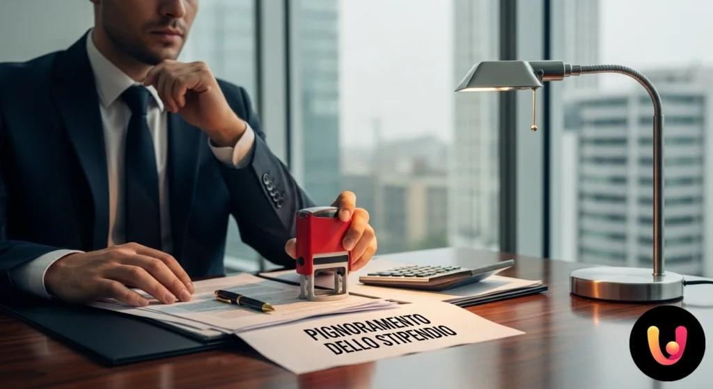 Una mano taglia con le forbici una parte di una busta paga, a simboleggiare la riduzione del reddito dovuta a un atto legale.