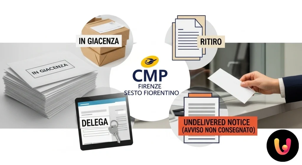 Primo piano di un avviso di giacenza cartaceo con sezioni dedicate alle informazioni sulla spedizione e istruzioni per il rit
