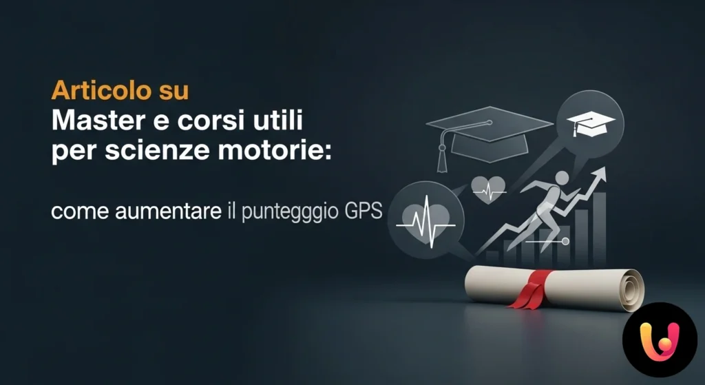 Persona in abbigliamento sportivo consulta un laptop, affiancata da icone di un tocco di laurea e un grafico con freccia asce