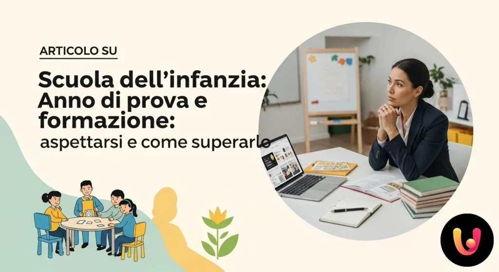 Insegnante di scuola dell'infanzia osserva un gruppo di bambini assorti in un'attivit&agrave; didattica con materiali naturali sul t