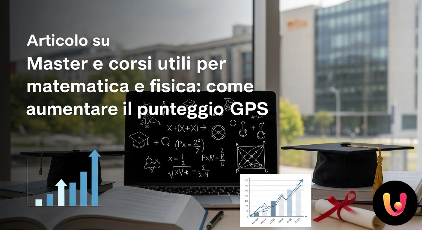 Master e corsi per docenti: scala le graduatorie GPS di matematica e fisica. Formule di matematica e fisica su lavagna digitale, simbolo di formazione avanzata per docenti.
