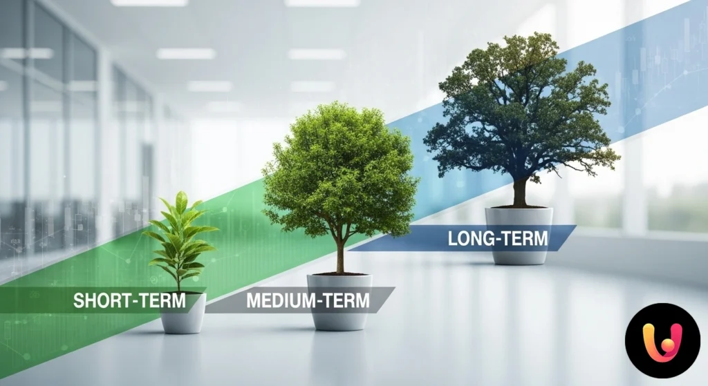 Objectifs d’Épargne : Guide à Court, Moyen et Long Terme Linea temporale ascendente con tre tappe che simboleggiano gli obiettivi finanziari: monete, una casa e una montagna.