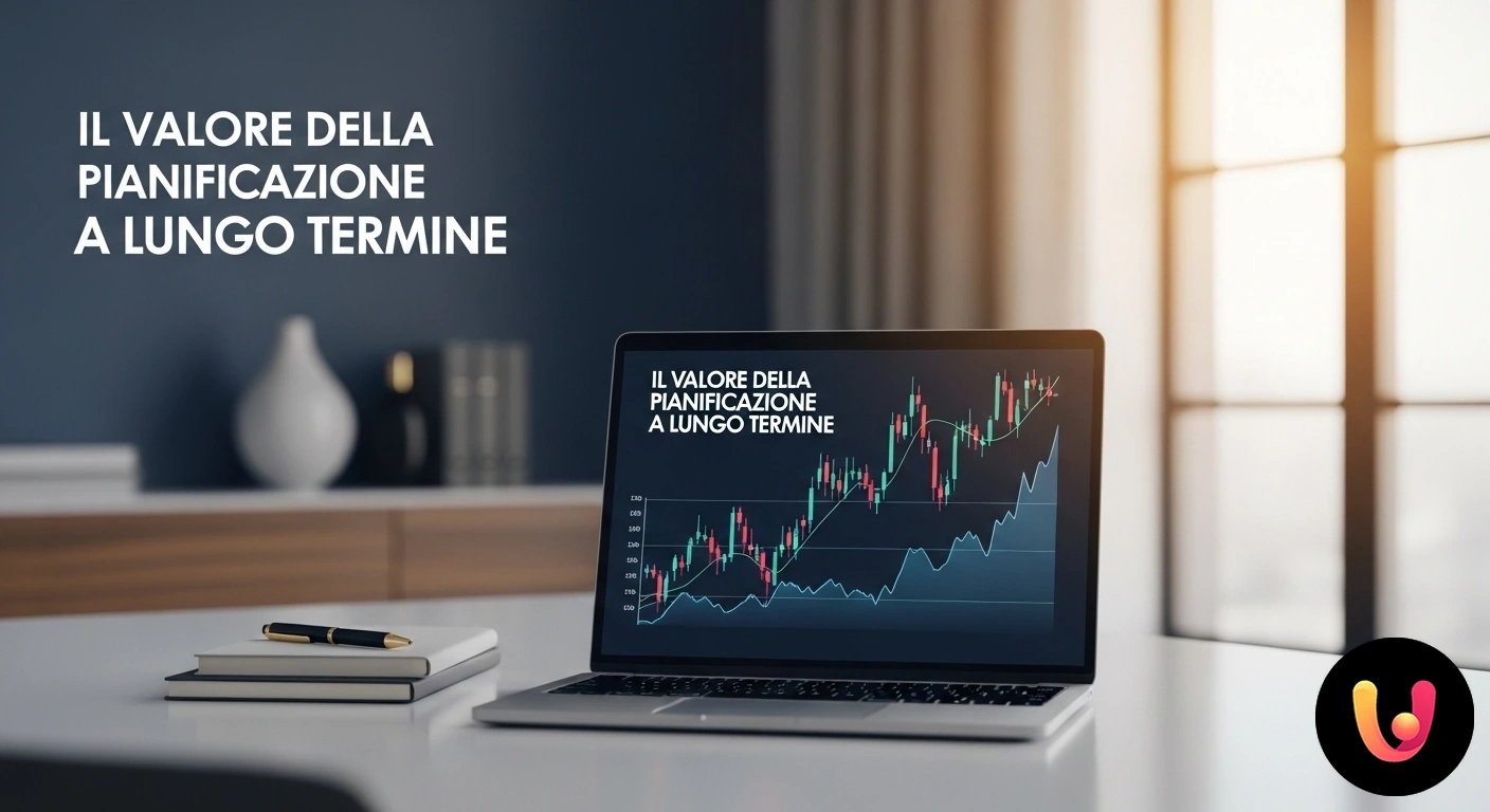 Il Valore della Pianificazione Finanziaria a Lungo Termine Grafico a barre ascendente sovrapposto a una linea temporale, a simboleggiare la crescita del capitale grazie alla pianificaz