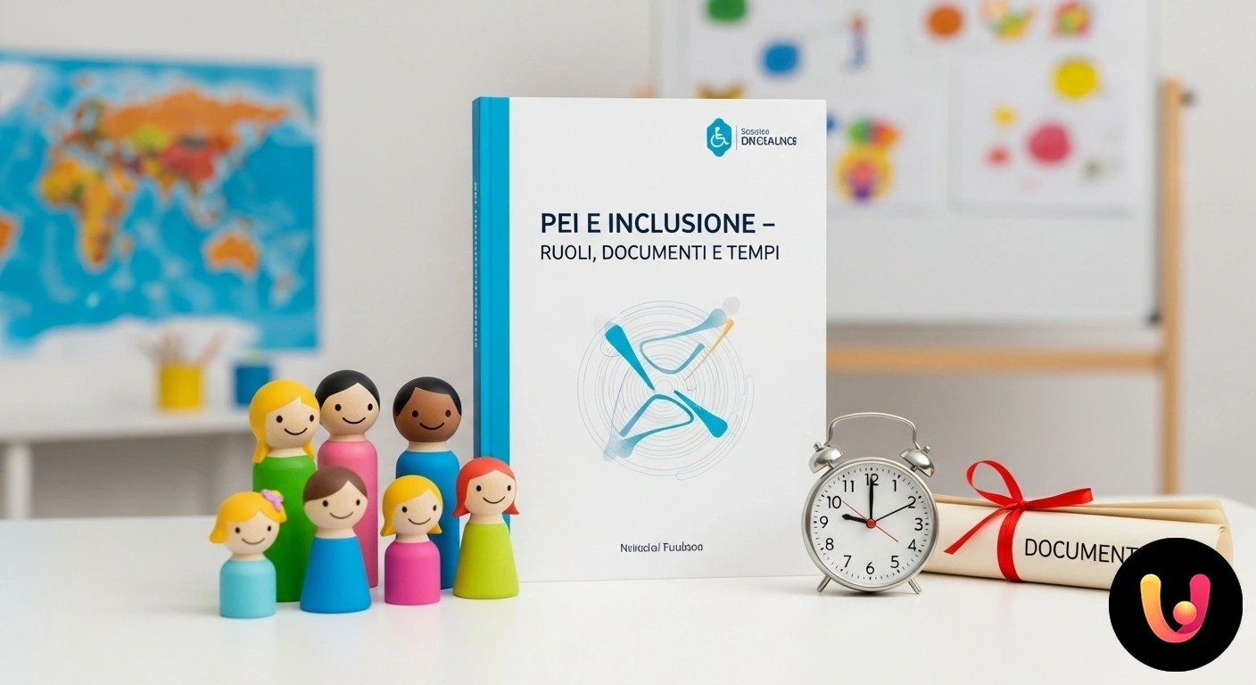 PEI e Inclusione nella Scuola Primaria: Guida a ruoli e documenti Insegnante, genitore e alunno collaborano sorridenti alla stesura di un documento in un'aula scolastica.