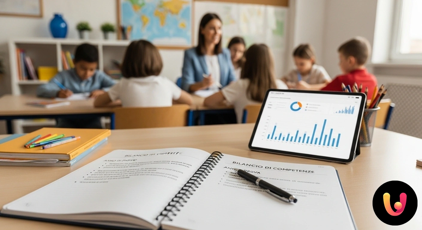Guida completa all'anno di prova e bilancio di competenze per docenti Docente di scuola primaria alla scrivania mentre redige il portfolio per l'anno di prova e il bilancio delle competenze.