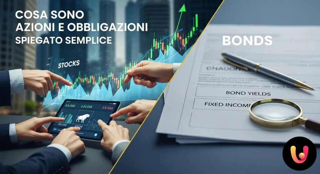 Actions et Obligations : Guide Simple pour Investir Grafico che confronta visivamente un'azione, rappresentata da una freccia in crescita, e un'obbligazione, simboleggiata da un