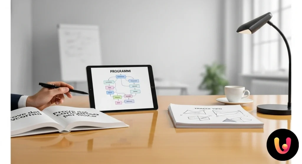 Concorso fisica: guida a prove, programmi e tracce Materiale di studio per fisica: libro aperto con diagrammi, fogli con formule scritte a mano e una calcolatrice scientifica.