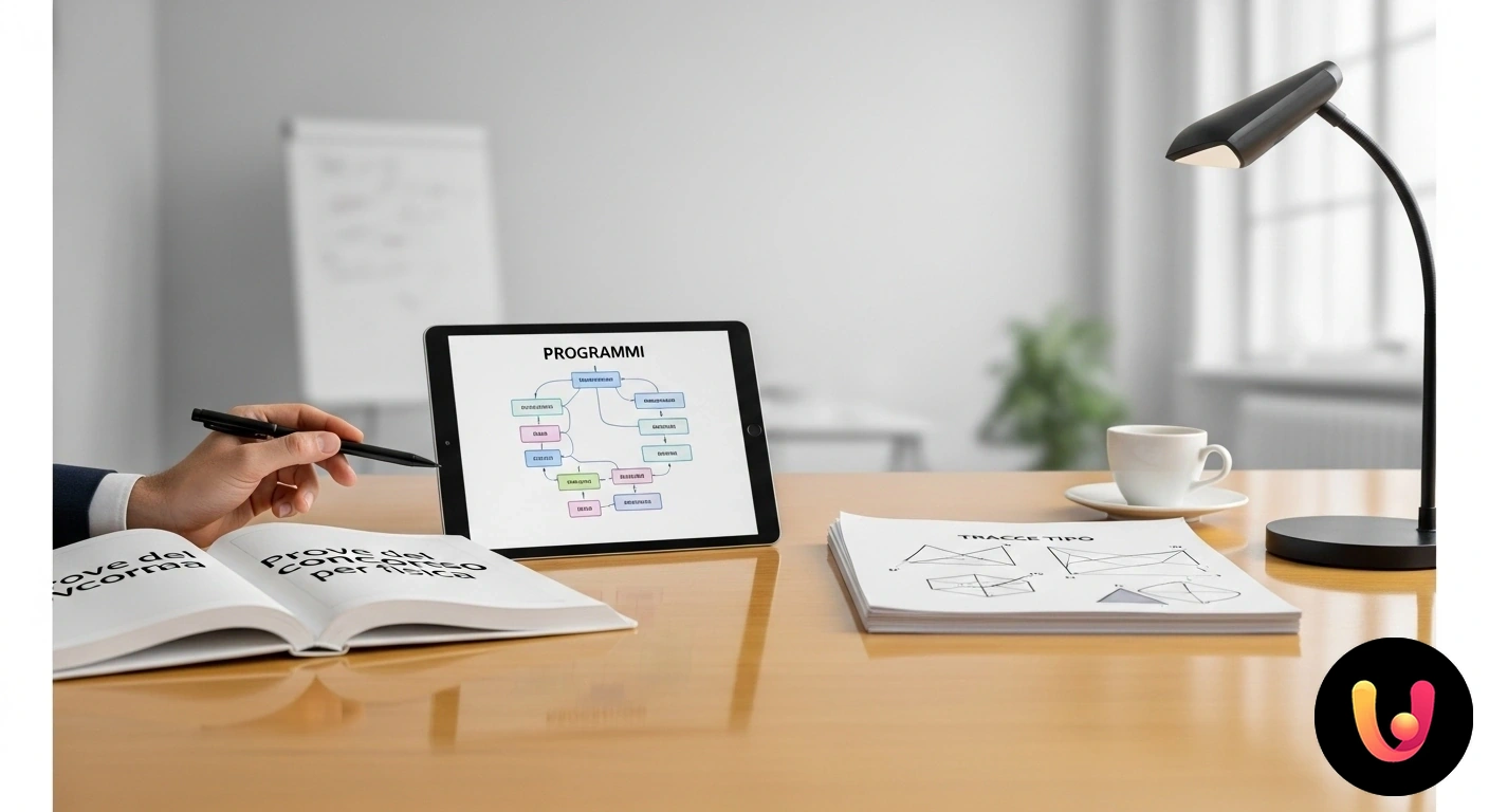 Preparazione Concorso Fisica: risorse e tracce per le prove Materiale di studio per fisica: libro aperto con diagrammi, fogli con formule scritte a mano e una calcolatrice scientifica.