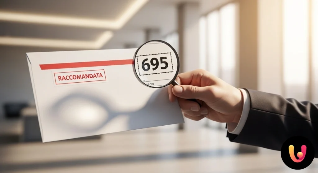 Cod Recomandată 695: Ghid pentru recunoașterea expeditorului Prim-plan al unui aviz de sosire pentru o scrisoare recomandată cu codul numeric 695 tipărit vizibil pe foaia albă.